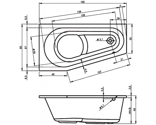 Акриловая ванна Riho Delta 150 x 80 см, цвет белый, левая/правая