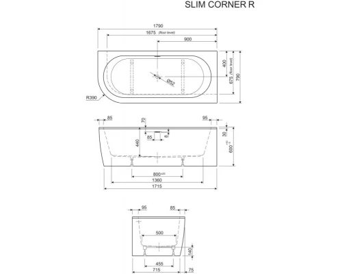 Ванна акриловая Cezares Slim Corner, 179 х 79 см, черная фронтальная панель, чаша белая, левая/правая