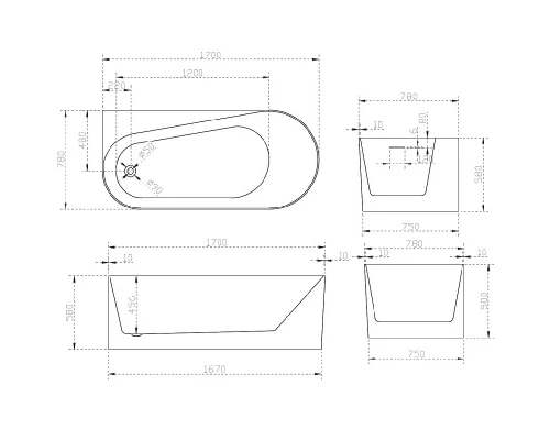 Ванна акриловая Abber 170 х 78 x 58 см, белая, AB9496-1.7 L/R