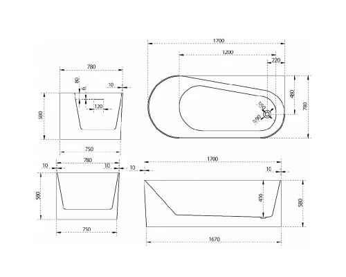 Ванна акриловая Abber 170 х 78 x 58 см, белая, AB9496-1.7 L/R