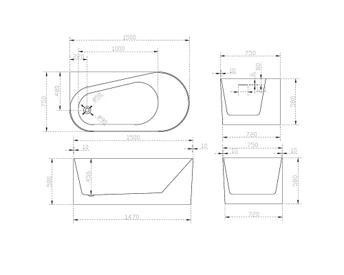 Ванна акриловая Abber 150 х 75 x 58 см, белая, AB9496-1.5 L/R