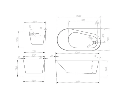 Ванна акриловая Abber 150 х 75 x 58 см, белая, AB9496-1.5 L/R