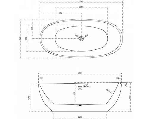 Ванна акриловая Abber 170 х 80 x 60 см, отдельностоящая, белая, AB9285