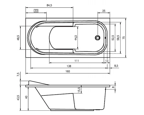 Ванна акриловая Riho Columbia 160 x 75 см, цвет белый, B001001005