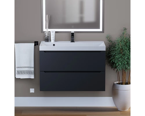 Тумба с раковиной для ванной Uperwood Tanos (80 см, подвесная, матовая, черная)