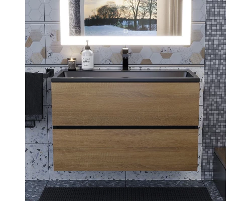 Тумба с раковиной для ванной Uperwood Barsa (80 см, раковина черная, подвесная тумба черная/дуб сонома)