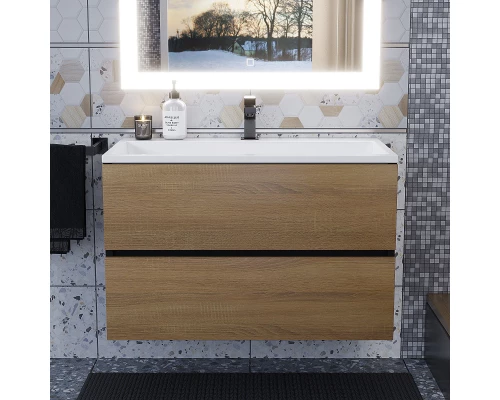 Тумба с раковиной для ванной Uperwood Barsa (80 см, раковина белая, подвесная тумба черная/дуб сонома)