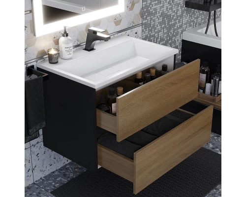 Тумба под раковину для ванной Uperwood Barsa (70 см, подвесная, черная/дуб сонома)