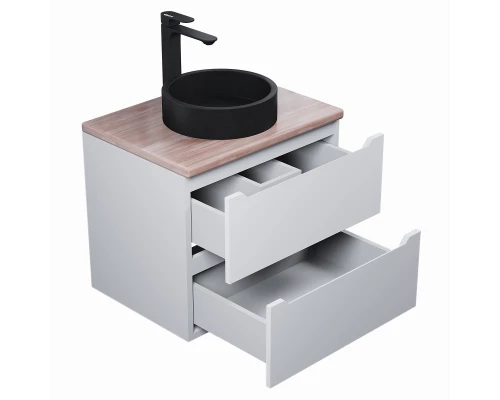 Комплект Тумба со столешницей для ванной Uperwood Tanos (60 см, белая/бук светлый, с накладной раковиной Round, цвет черный)