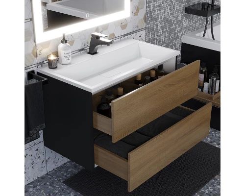 Тумба с раковиной для ванной Uperwood Barsa (80 см, раковина белая, подвесная тумба черная/дуб сонома)