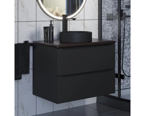 Комплект Тумба со столешницей для ванной Uperwood Tanos (70 см, черная/бук темный, с накладной раковиной Round, цвет черный)