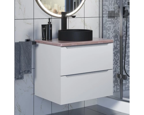 Комплект Тумба со столешницей для ванной Uperwood Tanos (60 см, белая/бук светлый, с накладной раковиной Round, цвет черный)