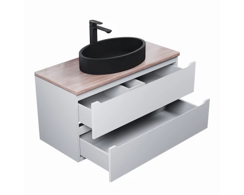 Комплект Тумба со столешницей для ванной Uperwood Tanos (100 см, белая/бук светлый, с накладной раковиной Rome, цвет черный)
