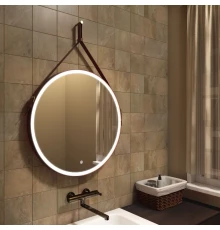 Зеркало для ванной с подсветкой Uperwood Round (80 см, LED подсветка, сенсор, коричневый ремень)