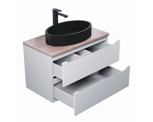 Комплект Тумба со столешницей для ванной Uperwood Tanos (80 см, белая/бук светлый, с накладной раковиной Rome, цвет черный)