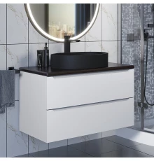 Комплект Тумба со столешницей для ванной Uperwood Tanos (90 см, белая/бук темный с накладной раковиной Rome, цвет черный)