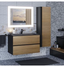 Тумба с раковиной для ванной Uperwood Barsa (80 см, раковина черная, подвесная тумба черная/дуб сонома)