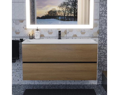 Тумба с раковиной для ванной Uperwood Barsa (100 см, раковина белая, подвесная тумба черная/дуб сонома)