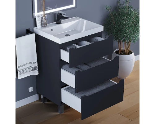 Тумба под раковину для ванной комнаты Uperwood Tanos напольная (60 см, черная, 3 ящика)