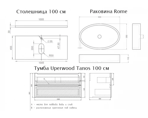 Комплект Тумба со столешницей для ванной Uperwood Tanos (100 см, черная/бук темный, с накладной раковиной Rome, цвет черный)