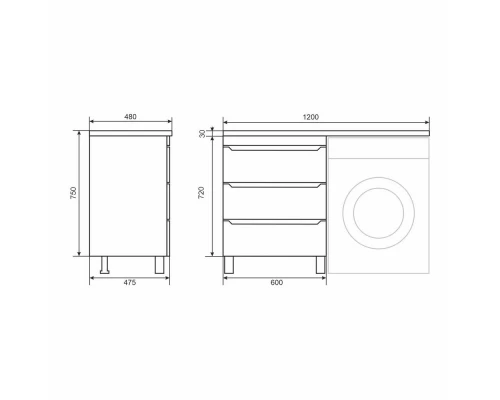Тумба под стиральную машину Uperwood Tanos 60 см (напольная, белая, с раковиной Cosmos 120 см, левая)