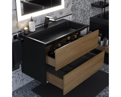 Тумба с раковиной для ванной Uperwood Barsa (80 см, раковина черная, подвесная тумба черная/дуб сонома)