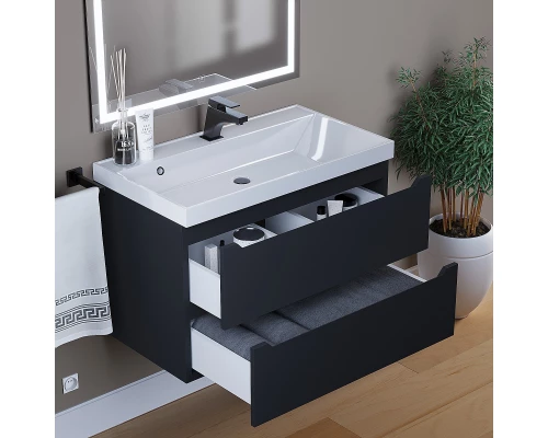 Тумба с раковиной для ванной Uperwood Tanos (80 см, подвесная, матовая, черная)