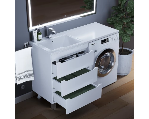 Тумба под стиральную машину Uperwood Tanos 60 см (напольная, белая, с раковиной Cosmos 120 см, левая)