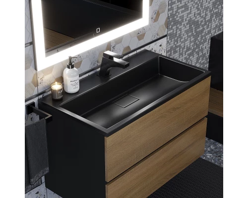 Тумба с раковиной для ванной Uperwood Barsa (80 см, раковина черная, подвесная тумба черная/дуб сонома)
