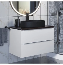 Комплект Тумба со столешницей для ванной Uperwood Tanos (80 см, белая/бук темный, с накладной раковиной Rome, цвет черный)