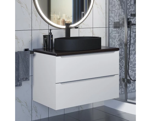 Комплект Тумба со столешницей для ванной Uperwood Tanos (80 см, белая/бук темный, с накладной раковиной Rome, цвет черный)