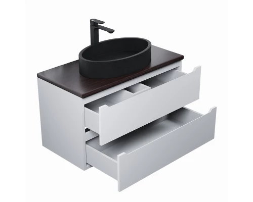 Комплект Тумба со столешницей для ванной Uperwood Tanos (90 см, белая/бук темный с накладной раковиной Rome, цвет черный)
