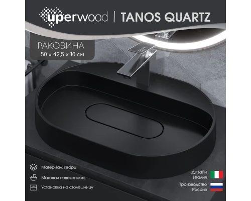 Раковина накладная кварцевая Uperwood Tanos Quartz 55х40х10 см, овальная, черная матовая, уголь