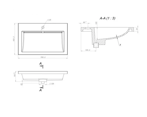 Раковина для ванной полувстраиваемая Uperwood Infinity 70х45х16,4 см, черная глянцевая