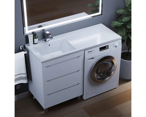 Тумба под стиральную машину Uperwood Tanos 60 см (напольная, белая, с раковиной Cosmos 120 см, левая)