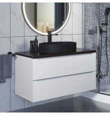 Комплект Тумба со столешницей для ванной Uperwood Tanos (100 см, белая/бук темный, с накладной раковиной Rome, цвет черный)
