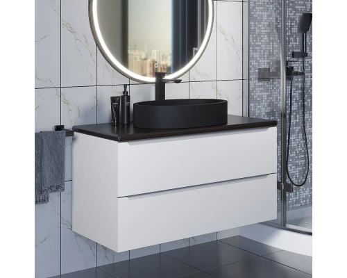 Комплект Тумба со столешницей для ванной Uperwood Tanos (100 см, белая/бук темный, с накладной раковиной Rome, цвет черный)