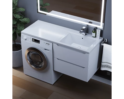 Тумба под стиральную машину Uperwood Tanos 60 см (подвесная, белая, с раковиной Cosmos 120 см, правая)