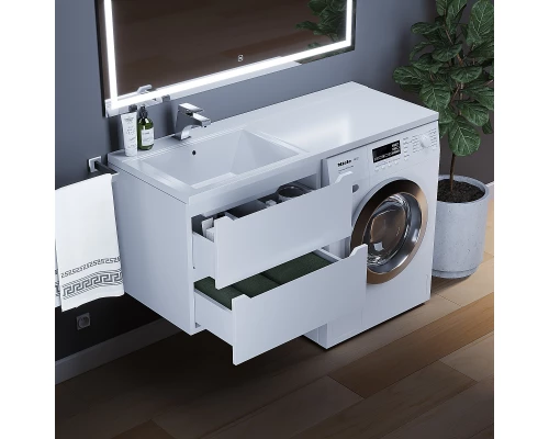 Тумба под стиральную машину Uperwood Tanos 60 см (подвесная, белая, с раковиной Cosmos 120 см, левая)