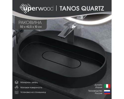Раковина накладная кварцевая Uperwood Tanos Quartz 55х40х10 см, овальная, черная матовая, уголь