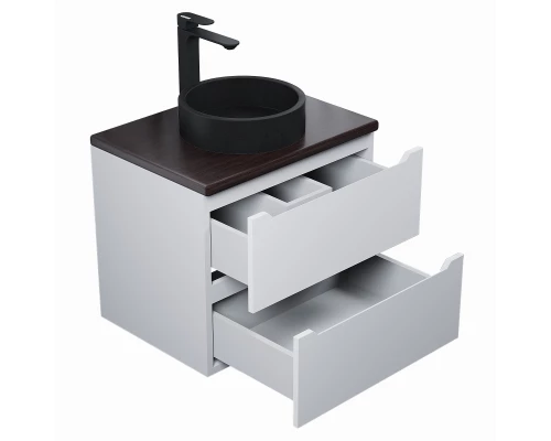 Комплект Тумба со столешницей для ванной Uperwood Tanos (60 см, белая/бук темный, с накладной раковиной Round, цвет черный)