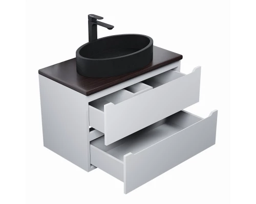 Комплект Тумба со столешницей для ванной Uperwood Tanos (80 см, белая/бук темный, с накладной раковиной Rome, цвет черный)