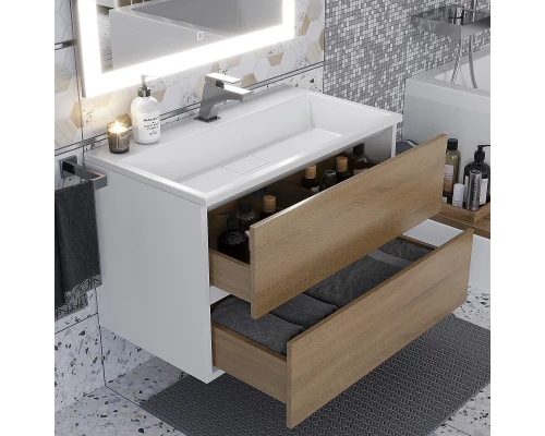 Тумба с раковиной для ванной Uperwood Barsa (80 см, раковина белая, подвесная тумба белая/дуб сонома)