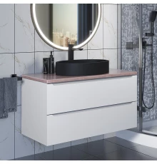 Комплект Тумба со столешницей для ванной Uperwood Tanos (100 см, белая/бук светлый, с накладной раковиной Rome, цвет черный)