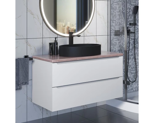 Комплект Тумба со столешницей для ванной Uperwood Tanos (100 см, белая/бук светлый, с накладной раковиной Rome, цвет черный)