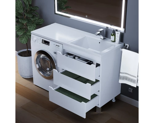 Тумба под стиральную машину Uperwood Tanos 60 см (напольная, белая, с раковиной Cosmos 120 см, правая)