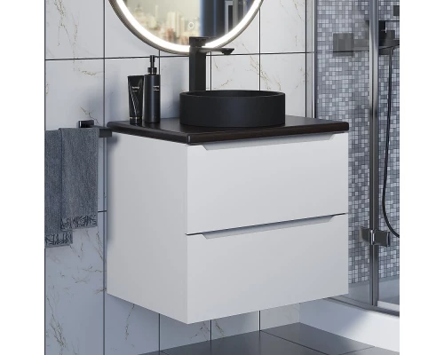 Комплект Тумба со столешницей для ванной Uperwood Tanos (60 см, белая/бук темный, с накладной раковиной Round, цвет черный)