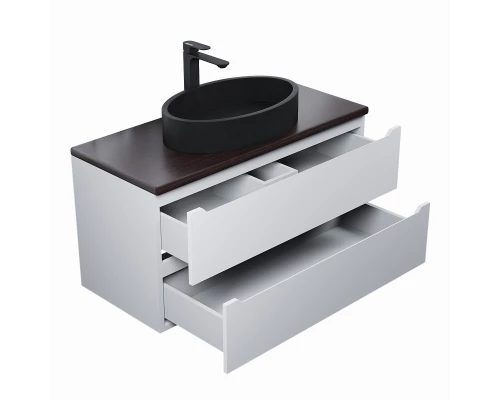 Комплект Тумба со столешницей для ванной Uperwood Tanos (100 см, белая/бук темный, с накладной раковиной Rome, цвет черный)