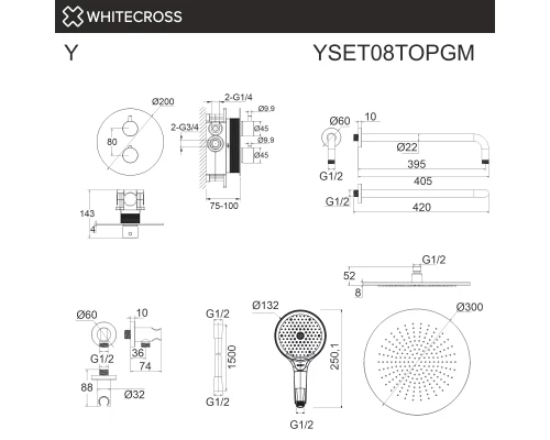 Термостатическая душевая система скрытого монтажа WHITECROSS Y YSET08TOPGM (оружейная сталь)