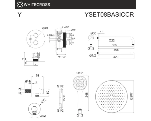 Термостатическая душевая система скрытого монтажа WHITECROSS Y YSET08BASICCR (хром)